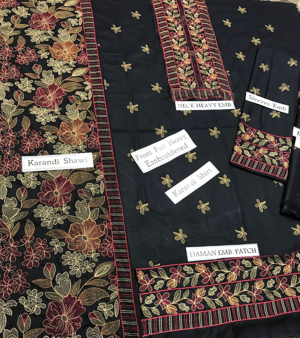 BR-190 Black Dhanak Embroidered 3pc Wt