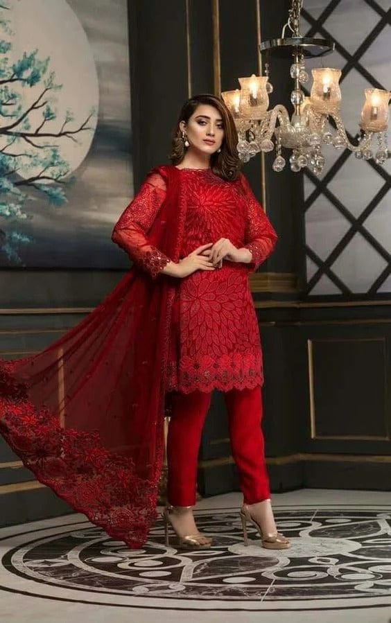 Silko-Red Lawn Embroidered 3pc